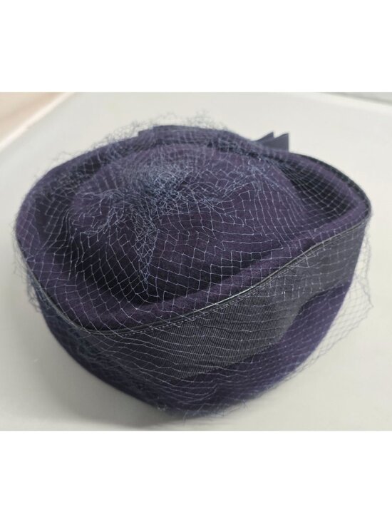 Vintage Glenover Hat Ribbon Veil pillbox Navy Blue Felt formal  derby party main image 11